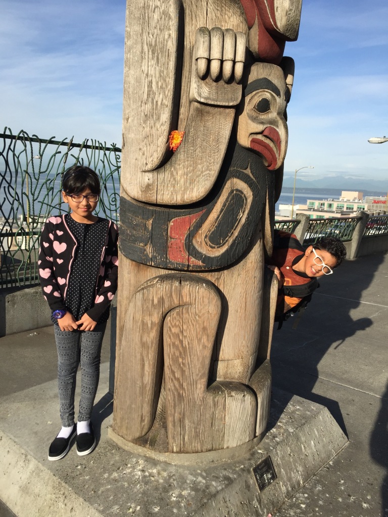 After breakfast jaunt. The twins found a Totem Pole by the Pike Market. They had never seen one before and I had to explain what it was. 